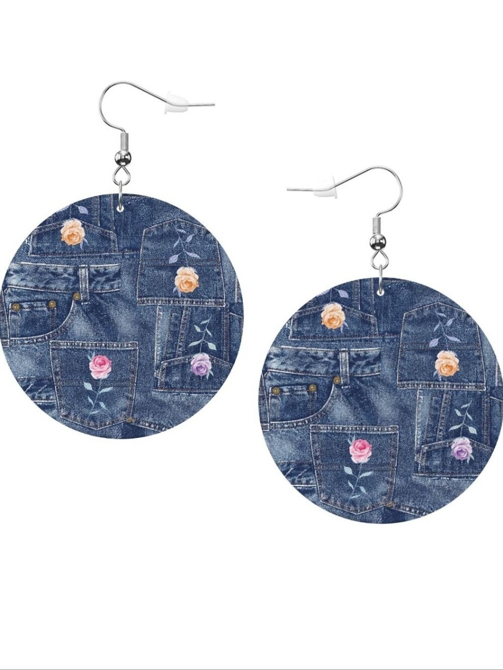 Round Denim Pocket Floral Drop Earrings - Blue